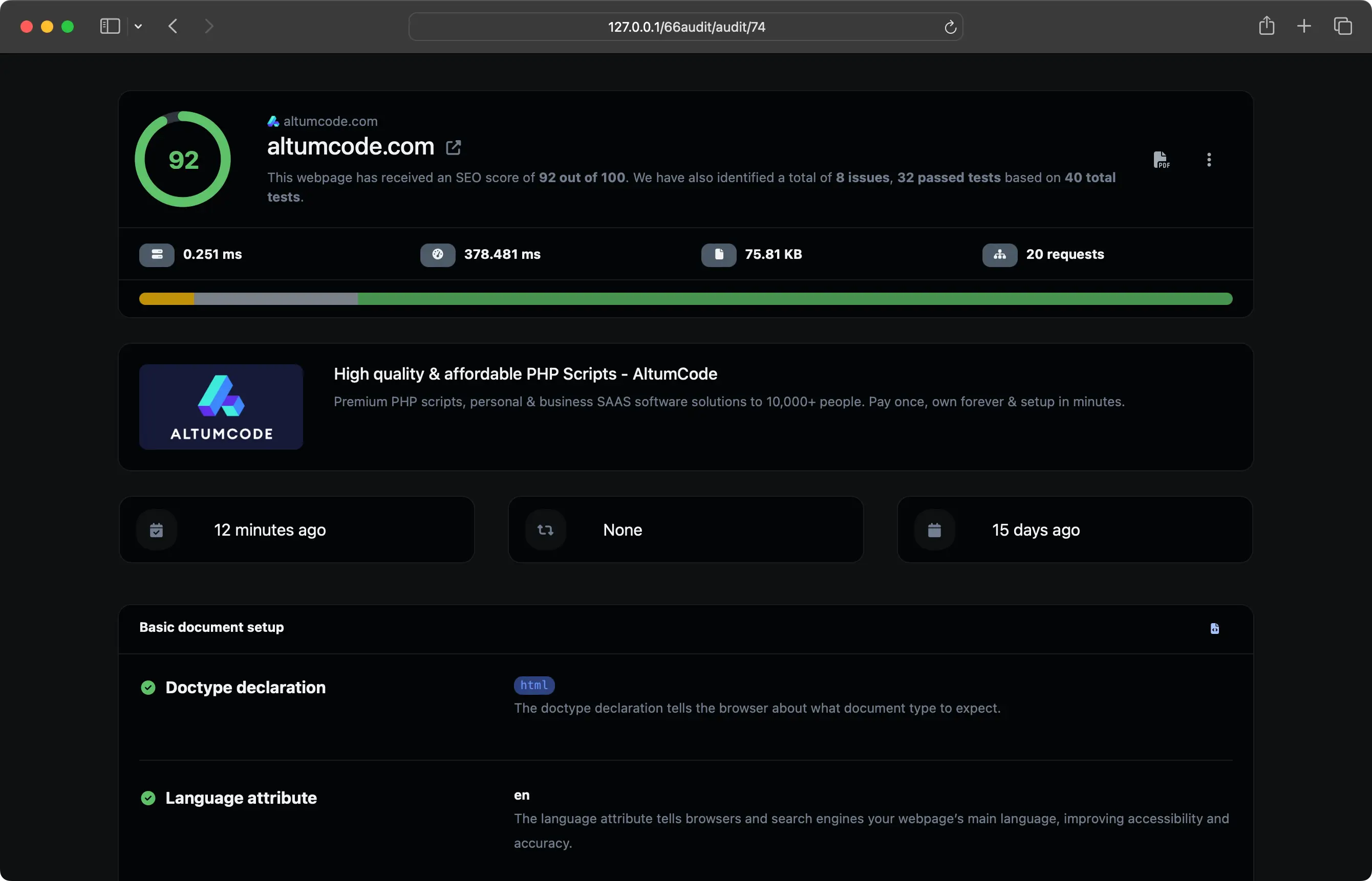 App dashboard showcasing SEO audit results